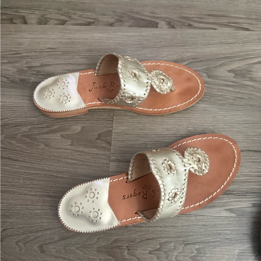 Jack Rogers Metallic Gold Leather Slide Sandals with Hand-Stitched Medallion